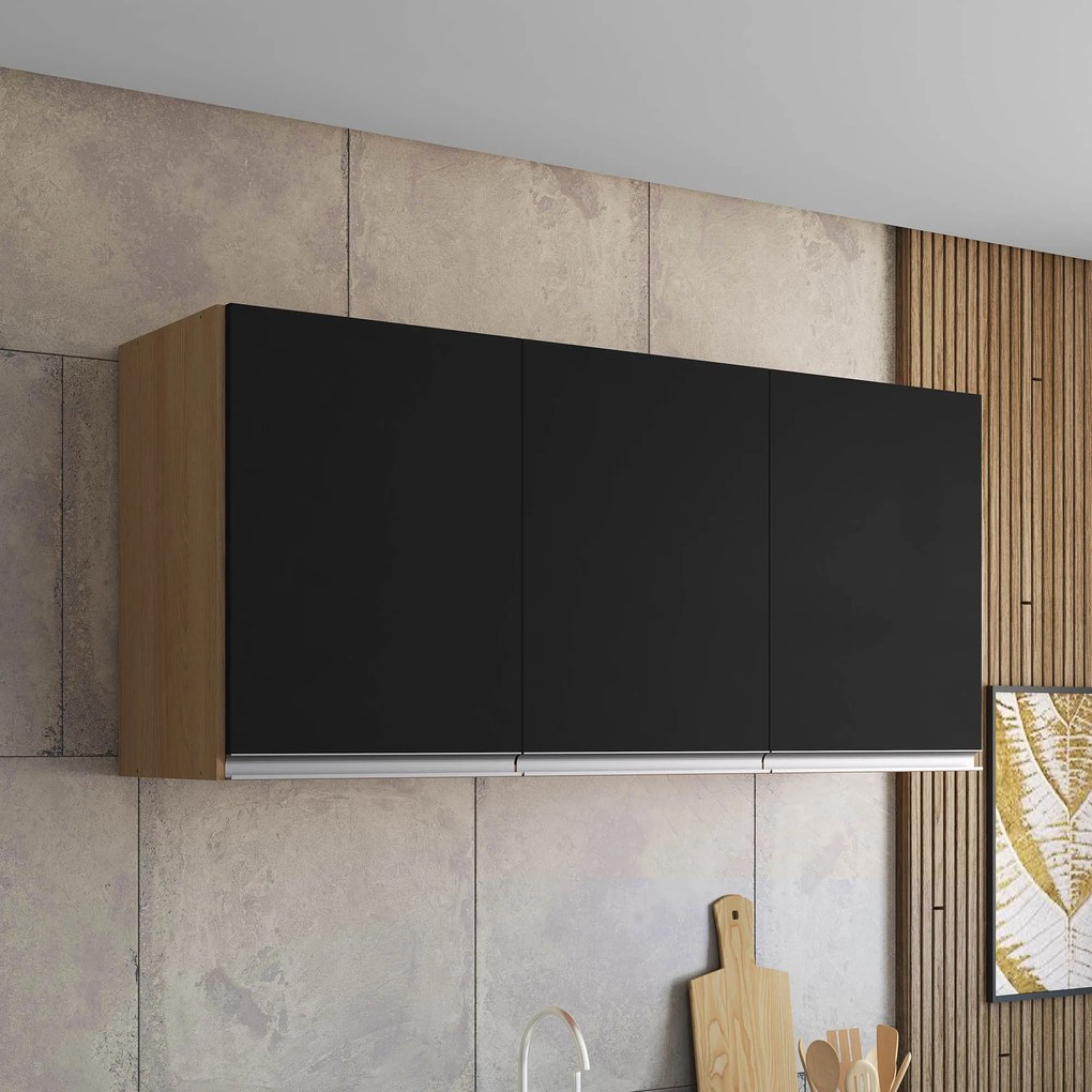 Armário Cozinha Aéreo 120cm 3 Portas Leticia A01 - D'Rossi - Amendoa e Preto