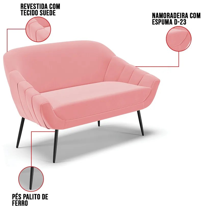 Kit 01 Namoradeira 02 Lugares e 01 Poltrona Giovana Suede Pés Palito de Ferro D01 - D'Rossi - Rose