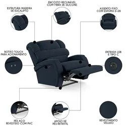 Poltrona do Papai Reclinável Kalie Power Touch USB FH9 Veludo Azul - M