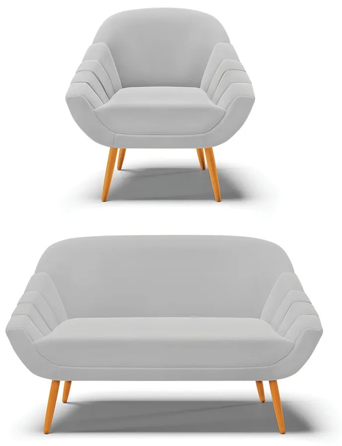 Kit 01 Namoradeira 02 Lugares e 01 Poltrona Giovana Suede Cinza Pés Palito Castanho - Indo Decorar