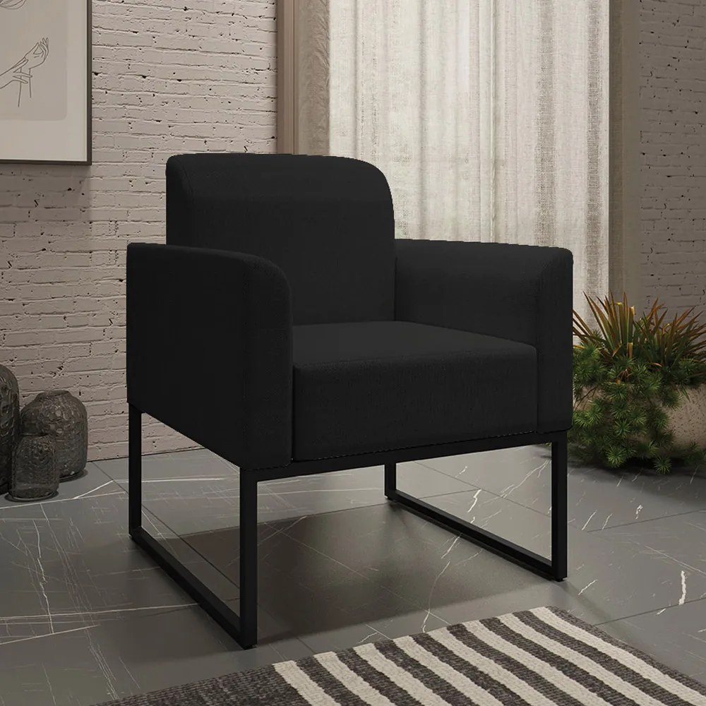 Poltrona Decorativa Isabella Base Industrial Linho Preto G19 - Gran Belo