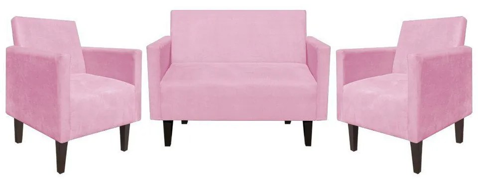 Kit Namoradeira 02 Lugares e 02 Poltronas Jade Suede Rosa Bebê Pés Chanfrado Tabaco - D'Rossi