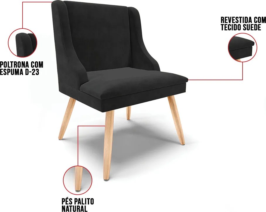 Cadeira de Jantar Liz Suede Preto Pés Palito Natural D03 - D'Rossi