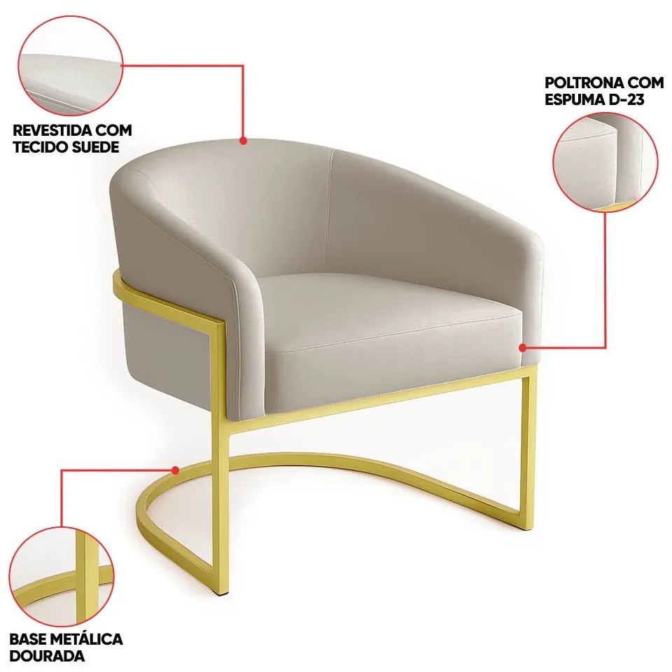 Poltrona Sala Decorativa Industrial Dourada Arielle Veludo D03 - D'Rossi - Cinza