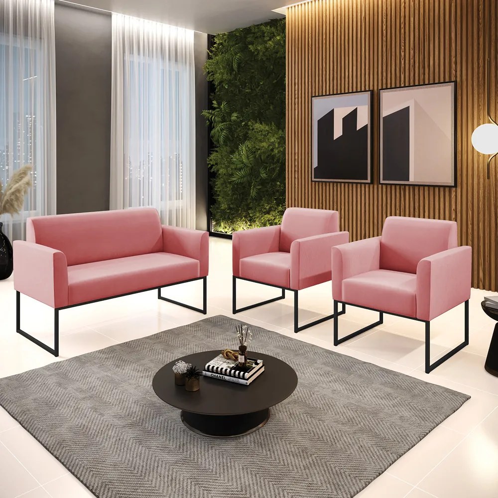 Sofá Namoradeira com 2 Poltronas Base Industrial Preto Marisa Suede D03 - D'Rossi - Rose