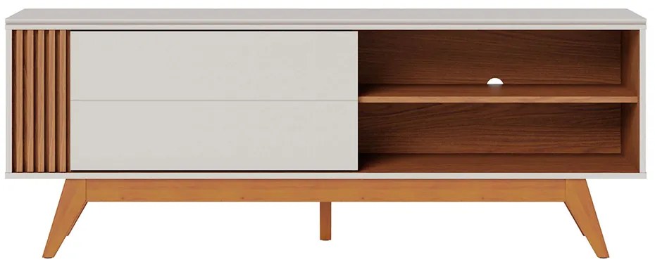 Rack Bancada Pés Madeira Nuro 160cm Porta Deslizante MDF/MDP TV até 60 Off White/Freijó G73 - Gran Belo