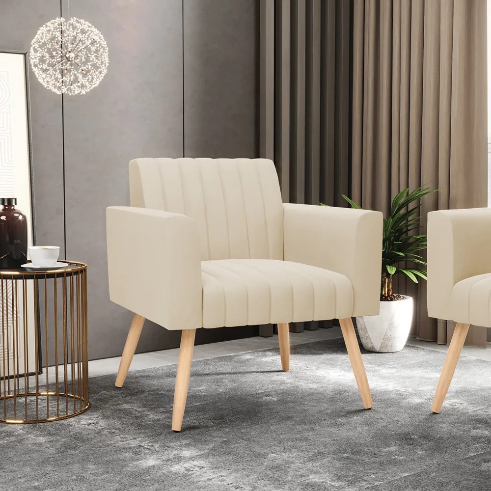 Poltrona Viena Gomada Suede Bege Pés Palito Natural - D'Rossi