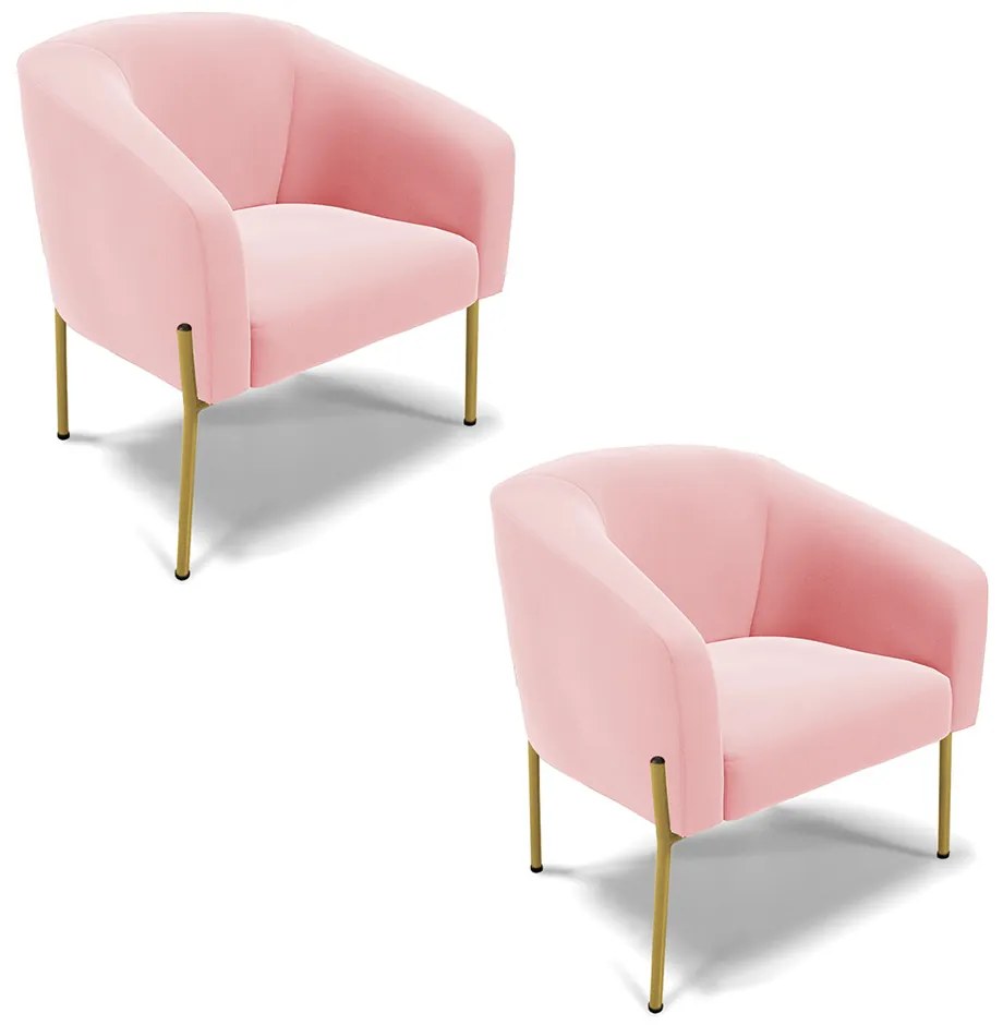 Poltrona Decorativa Pé de Ferro Dourado Kit 2 Stella Suede D03 - D'Rossi - Rosa Bebê