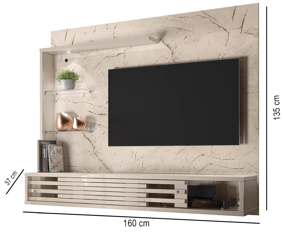 Painel TV 50 Pol 160cm Bancada Suspensa Sala Ravian M20 - D'Rossi - Calacata e Off White