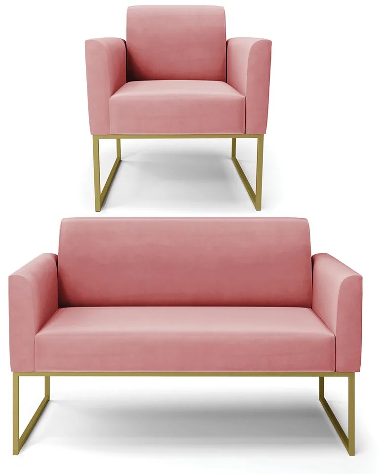 Sofá Namoradeira com Poltrona Base Industrial Dourado Marisa Suede D03 - D'Rossi - Rose