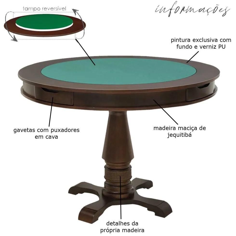Mesa de Jogos Carteado Victoria Redonda Tampo Reversível Imbuia com 2 Cadeiras Liverpool Corino Preto Liso G36 G15 - Gran Belo