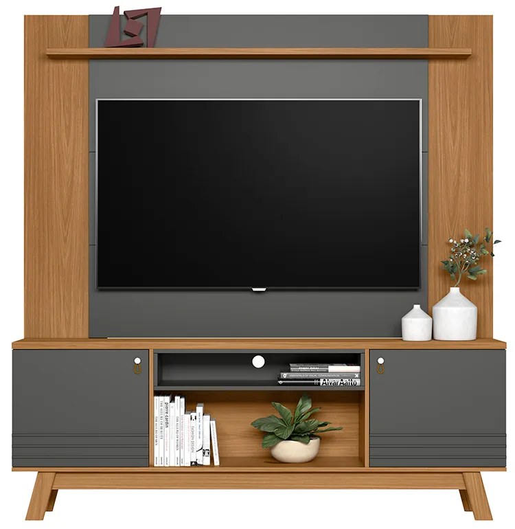 Conjunto Painel Extensível e Rack Tremonti/Cronos TV até 75 Polegadas Nature/Chumbo G77 - Gran Belo