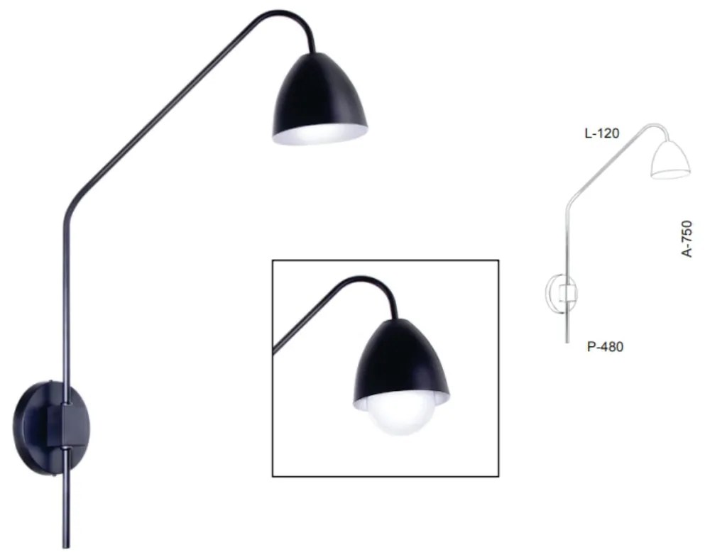 Arandela Haste Articulada Cúpula Aluminio 12X48X75Cm Metal 01Xe27 |Old... (PRETO)