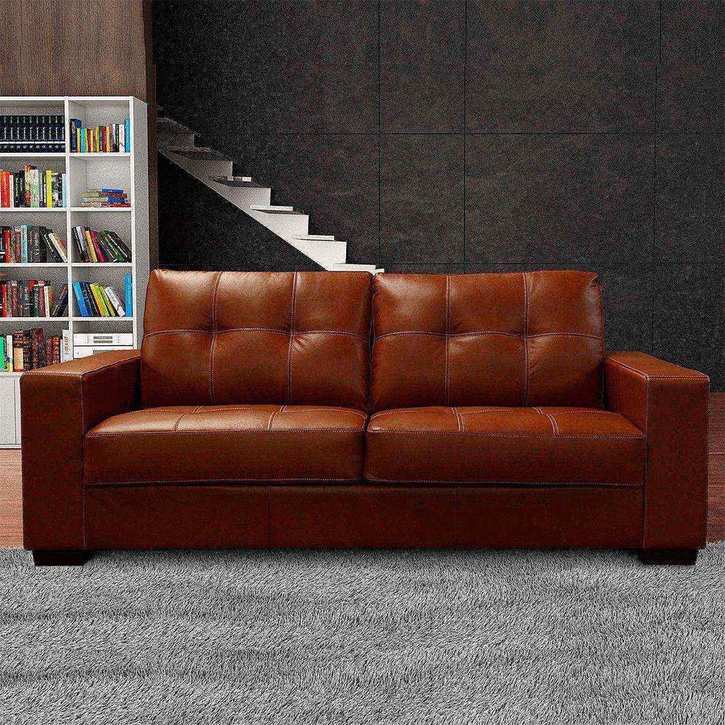 Sofá de Couro 3 Lugares Londres 206cm M06 Cor Conhaque com Brilho 457 - ADJ DECOR