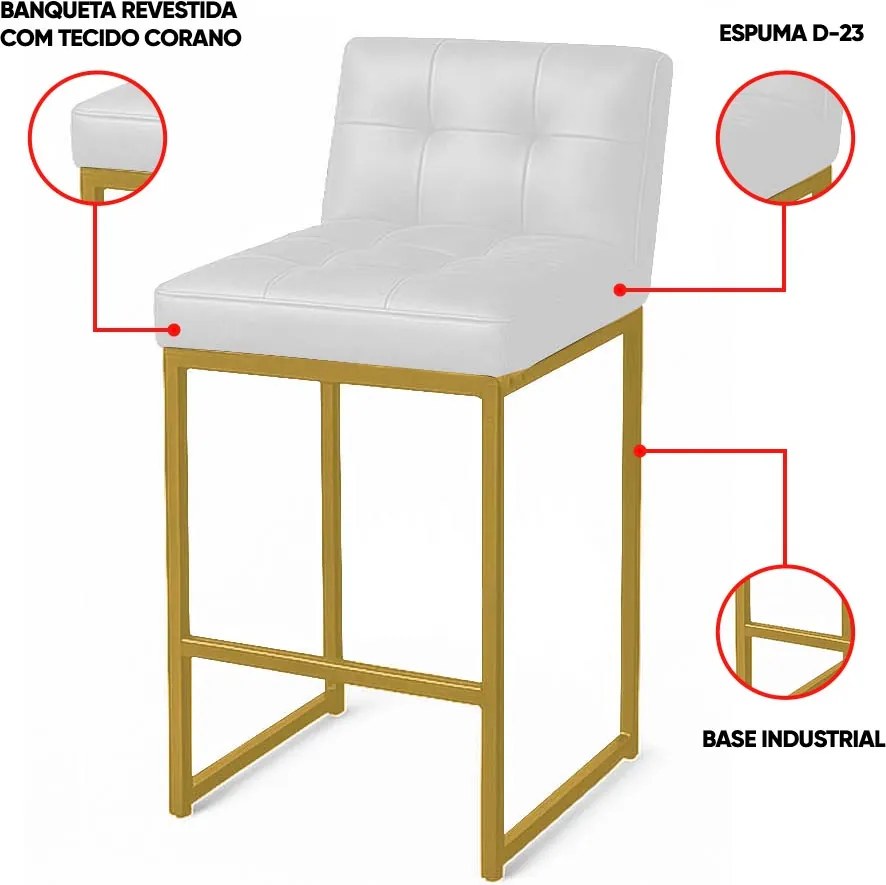 Banqueta Cozinha Alta com Encosto Industrial Kit 2 Dourado Lirina PU Branco C05 - D'Rossi