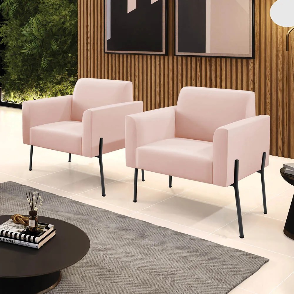 Poltrona Pé de Ferro Preto para Sala Kit 2 Marisa Veludo D03 - D'Rossi - Rose