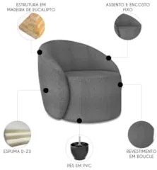 Sofá 3 Lugares 180cm Wendi e Poltrona Steve Boucle Grafite I01 - Mpoz