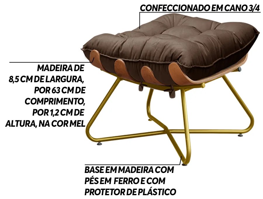 Kit 2 Puffs Decorativos Sala de Estar Caim Base de Madeira Dourada Suede Marrom G41 - Gran Belo