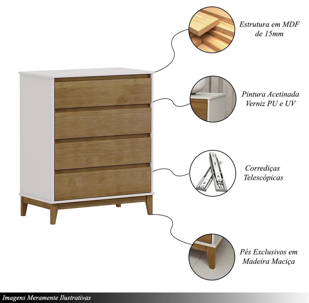 Cômoda Decorativa MDF Cullen 4 Gavetas OffWhite/Freijó - G74 - Gran Belo