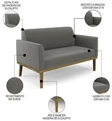 Sofá Namoradeira e 2 Poltronas Base Madeira Castanho Maressa Suede Gra