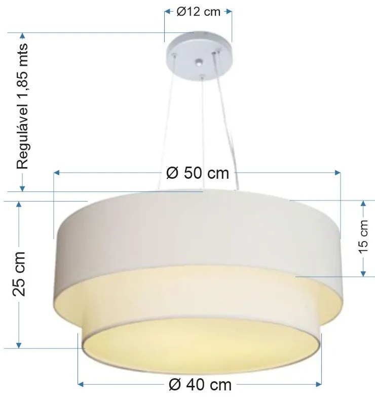 Plafon e Pendente Duplo Cilíndrico Vivare Md- 3017 e Md-4061 Cúpula em Tecido 50x40cm  Branco - Bivolt