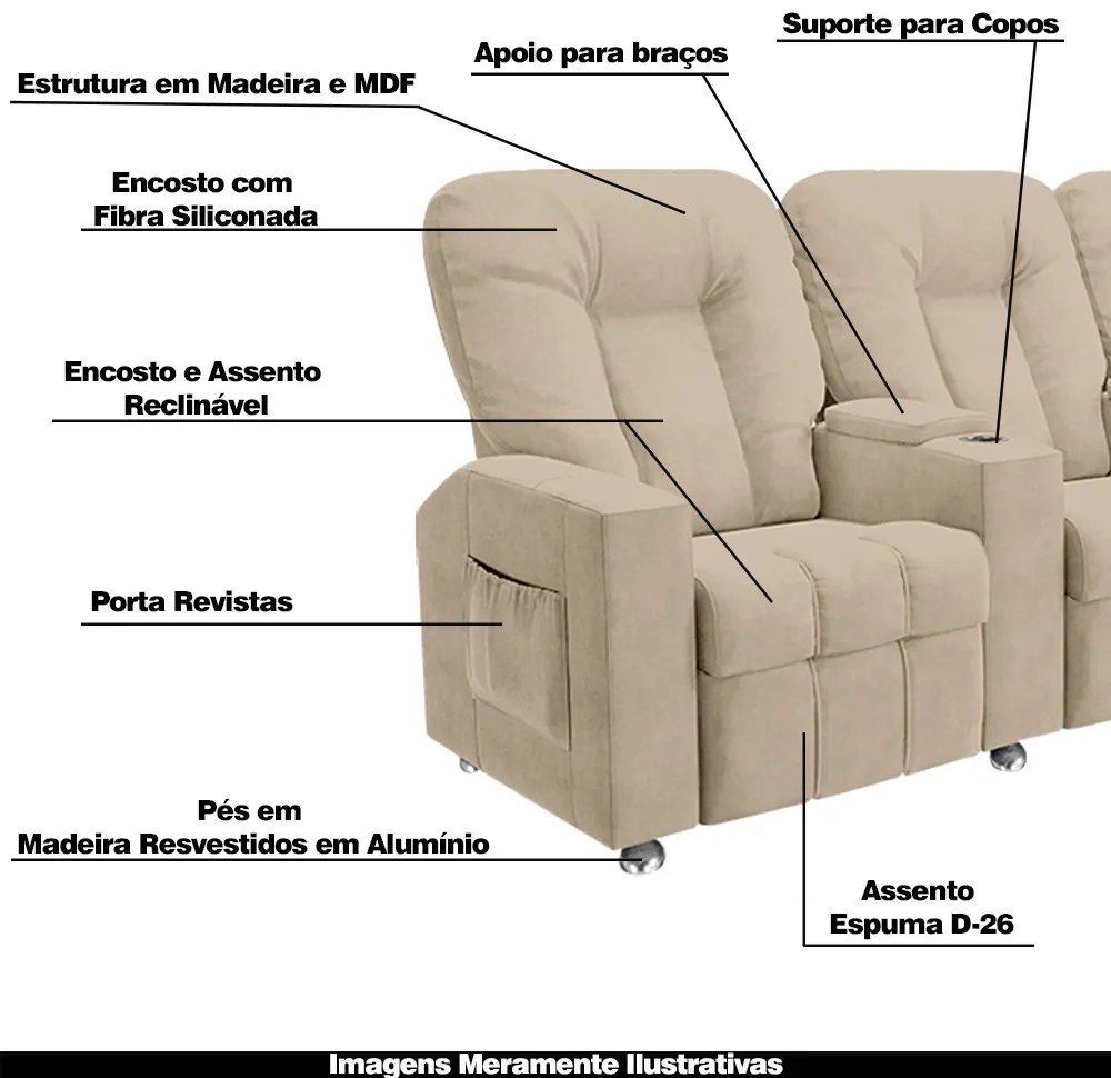 Poltrona Reclinável 3 lugares para Sala de Cinema Pequim Suede Bege G23 - Gran Belo