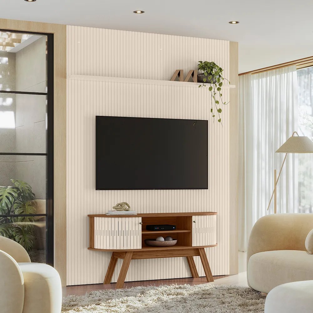 Painel TV 65 Pol 179cm Ripado Valen e Rack Bancada Rylan M20 - D'Rossi - Naturale(fosco)/Off White(brilho)