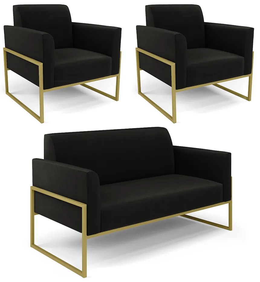 Sofá Namoradeira com 2 Poltronas Base Industrial Alta Dourado Marisa Suede D03 - D'Rossi - Preto