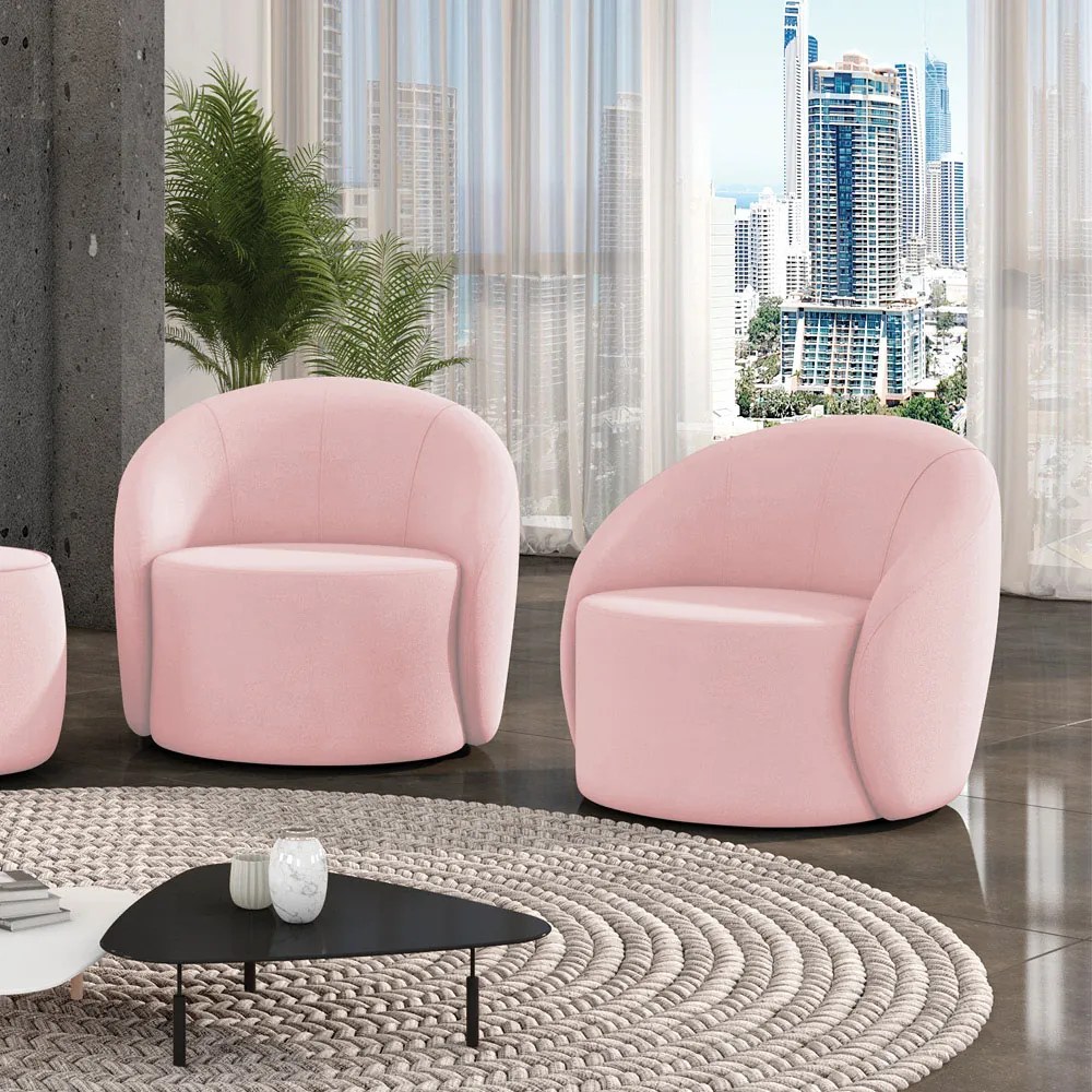 Poltrona Decorativa Orgânica Giratória Kit 2 Lua Suede D03 - D'Rossi - Rosa Bebê