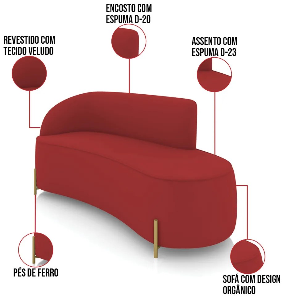 Sofá 3 Lugares Orgânico 180cm Pé Dourado Morgan Veludo D03 - D'Rossi - Marsala
