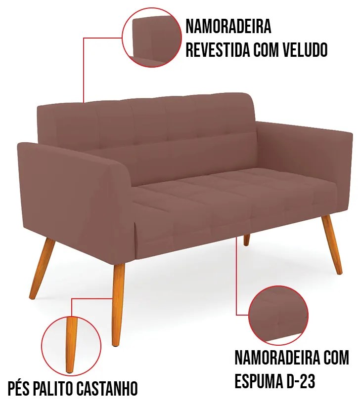 Kit 1 Sofá Namoradeira e 1 Poltrona Elisa Veludo Pés Palito Castanho D03 - D'Rossi - Rose