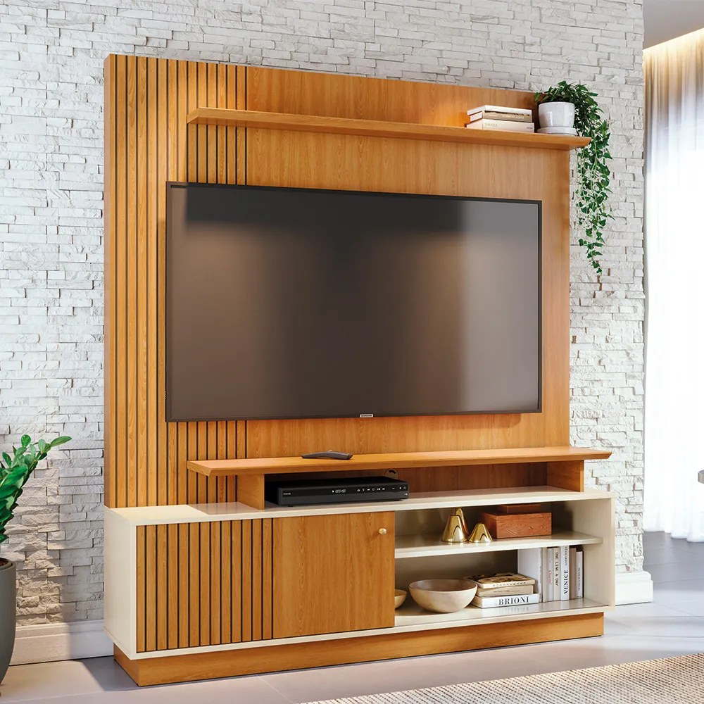 Estante de TV 65 Pol 160cm Sala de Estar Quirel M20 - D'Rossi - Cinamomo e Off White