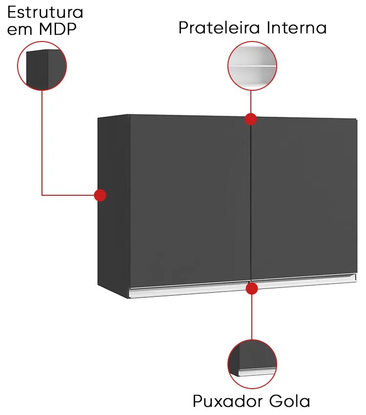 Armário Cozinha Aéreo 81cm com 2 Portas Leticia A01 - D'Rossi - Cinza