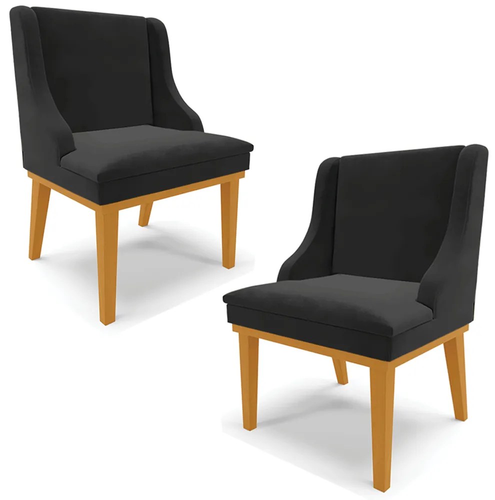 Kit 2 Poltronas Decorativas Base Fixa de Madeira Firenze Veludo Preto/Castanho G19 - Gran Belo