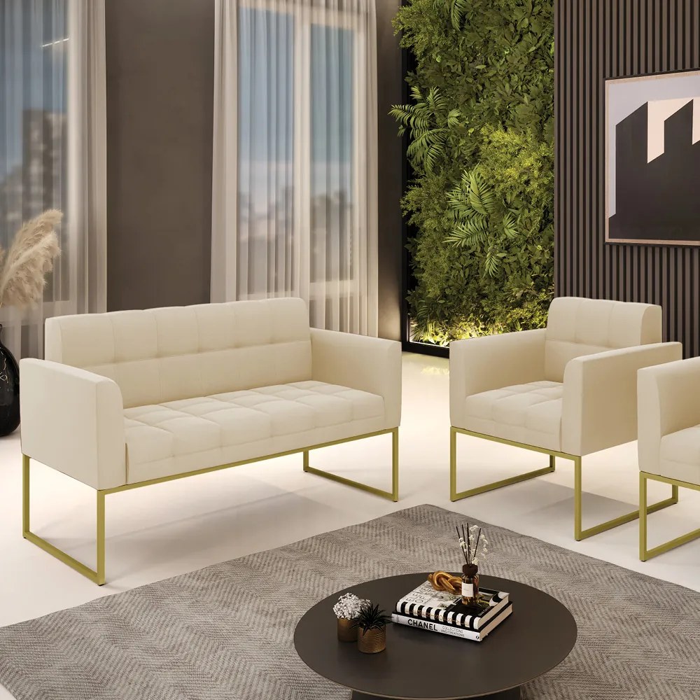 Kit 1 Sofá Namoradeira e 1 Poltrona Elisa Suede Base Metálica Industrial Dourado - D'Rossi - Bege