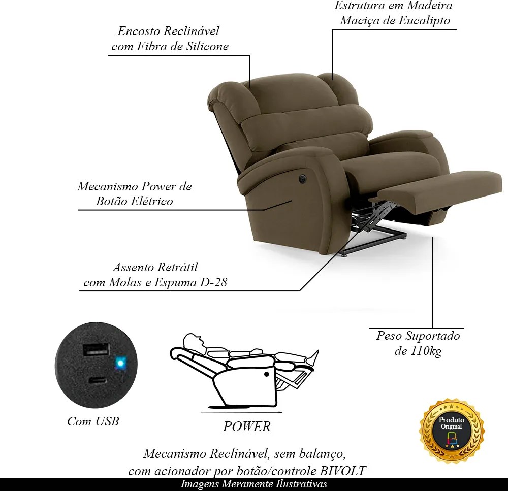 Poltrona do Papai Sala de Cinema Reclinável Kylie Power Elétrica USB Veludo Capuccino G23