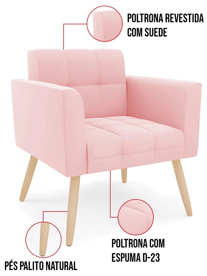 Kit 1 Sofá Namoradeira e 1 Poltrona Elisa Suede Pés Palito Natural D03 - D'Rossi - Rosa Bebê