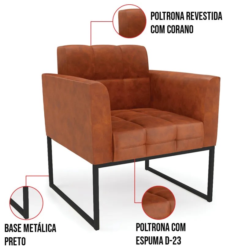 Poltrona Sala Decorativa Elisa Industrial Preto Sintético Pu D03 - D'Rossi - Couro Nozes