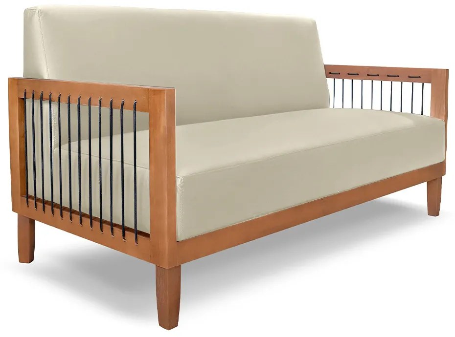 Sofá Namoradeira 2 Lugares Sala de Estar Pés Madeira Maciça Corda Náutica Preta 160cm Manila PU Bege G63 - Gran Belo