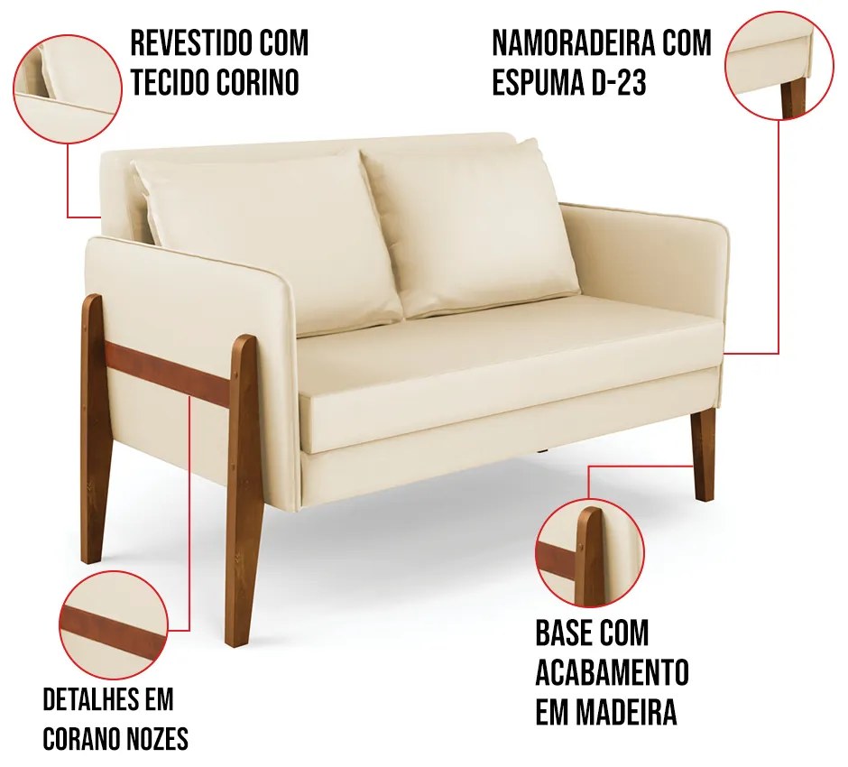 Sofá Namoradeira Lana Corino Base de Madeira D03 - D'Rossi - Bege