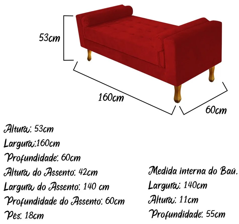 Recamier Félix Queen Size 160cm Suede Vermelho - ADJ Decor
