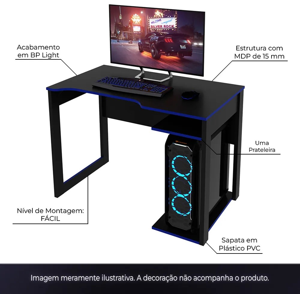 Mesa para Escritório Home Office Gamer ME4161 MDP Preto/Azul G69 - Gran Belo