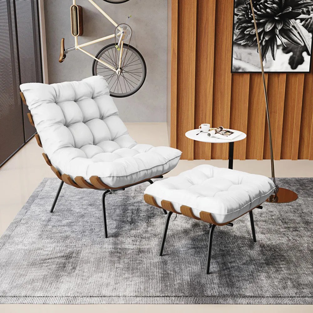 Puff Costela Corino Base Metálica Preto M11 - D'Rossi - Branco