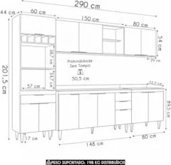 Armário de Cozinha Com Tampo CP05 290cm Pérola Preto Z34      - Mpozen