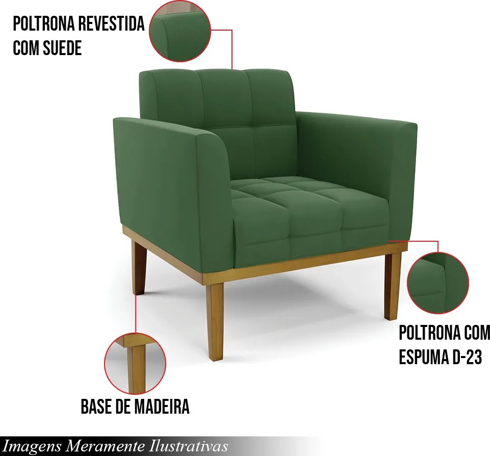 Kit 2 Poltronas Decorativas Karen Pés Fixo em Madeira Castanho Suede Verde G19 - Gran Belo