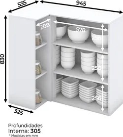 Armário Aéreo de Canto Reto 1 Porta 3 Nichos 100% MDF Americana Branco