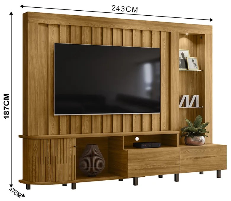 Estante de TV 70 Pol 243cm Ripado Sala de Estar Nivora M20 - D'Rossi - Cumaru