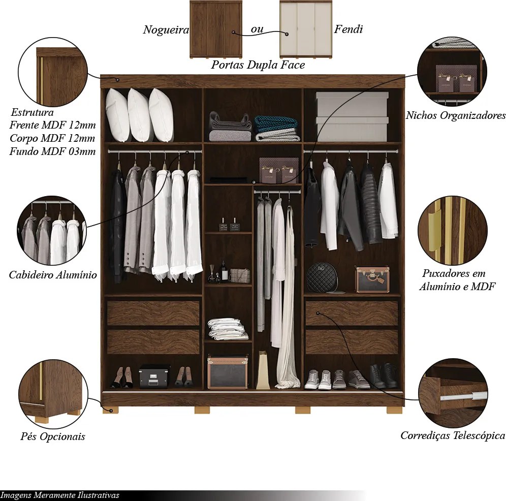Guarda Roupa Casal Heros 3 Portas de Correr Dupla Face com Gavetas MDF Nogueira/Fendi G98 - Gran Belo