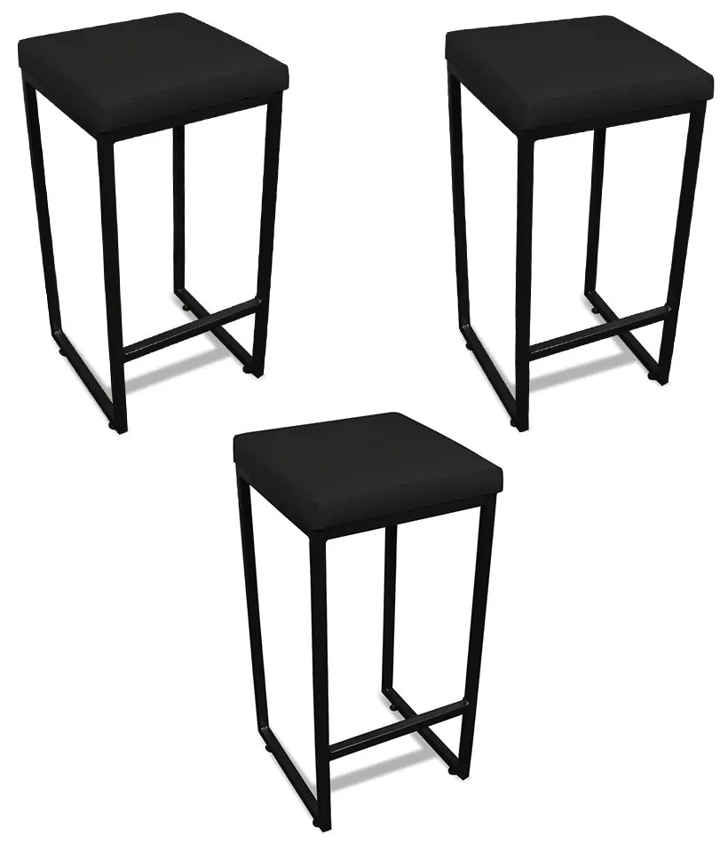 Banqueta Alta para Cozinha Industrial Kit 3 Nick Preto e Sintético D03 - D'Rossi - Preto