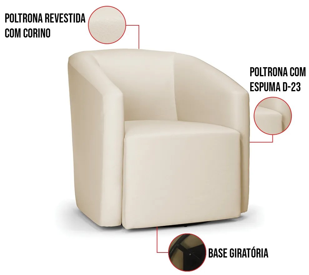 Poltrona Decorativa Base Giratória Stella Max Sintético Bege D03 - D'Rossi